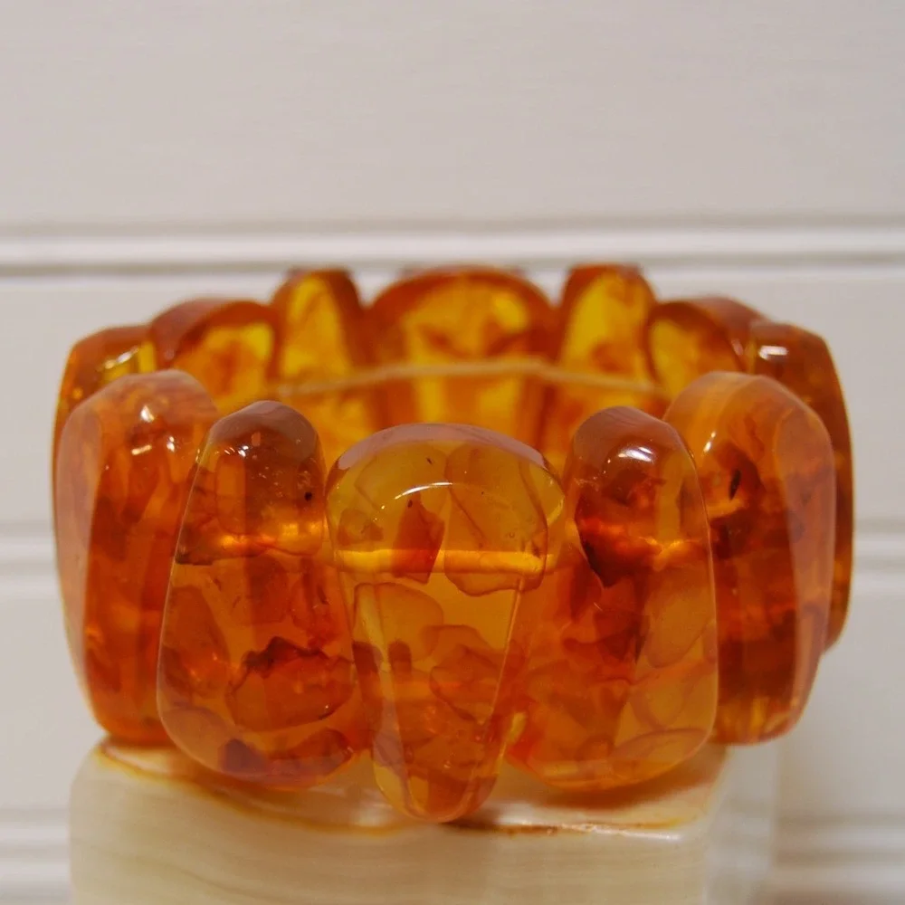 Vintage cuff Bracelet‎ Tortoise Shell Bakelite beaded jewelry elastic Chunky 70s